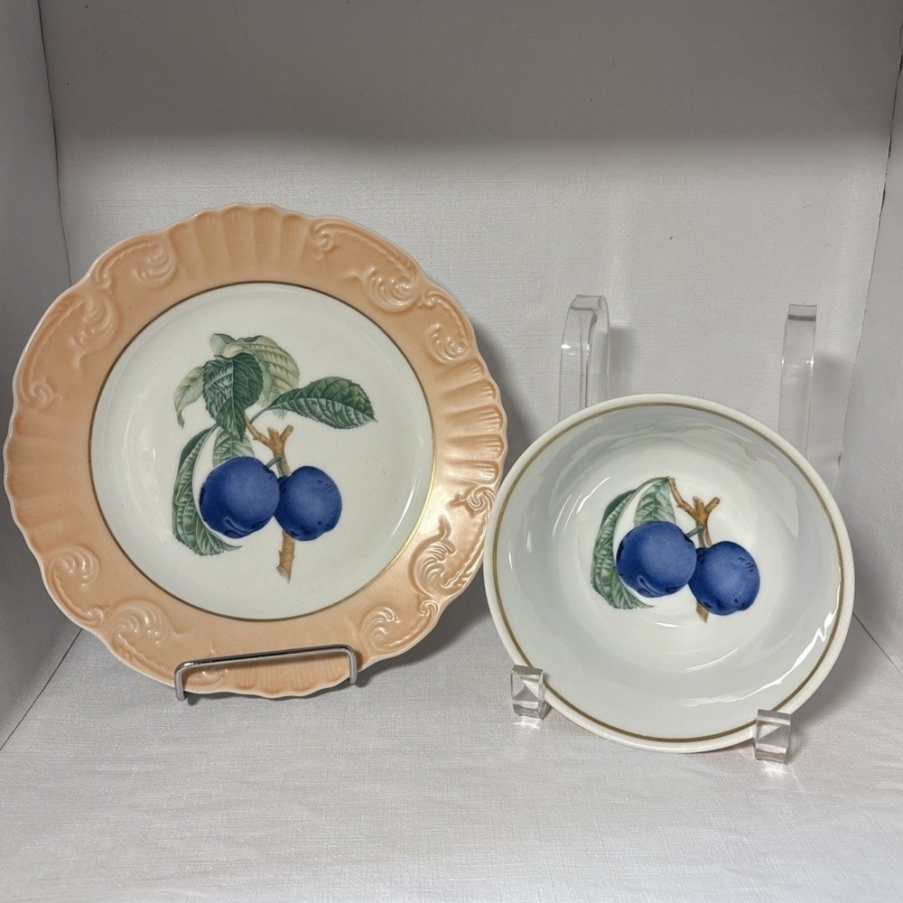 Mottahedeh Dessert Plate And Bowl Set Plum Design Summer Fruit Collection